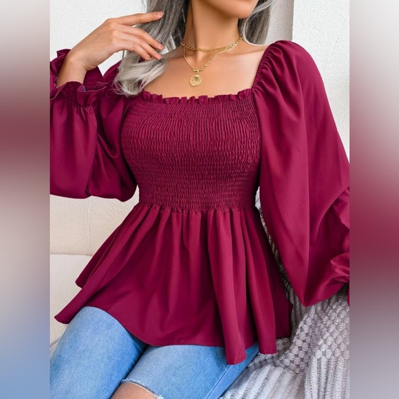A26 Square Neck Smocked Blouse Flounced Long Sleeve Maroon Puff Sleeve sz Small - Picture 6 of 15